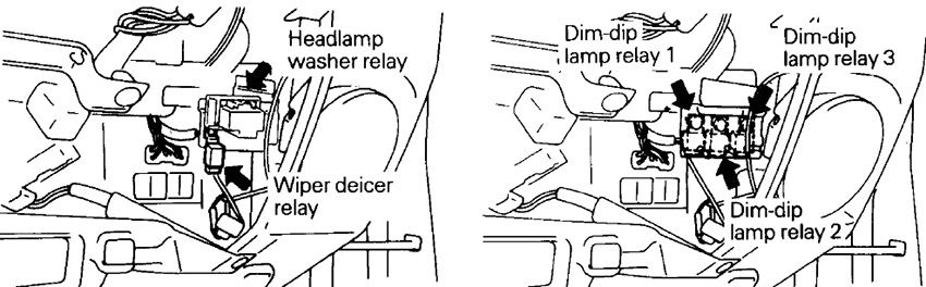 RHD: Headlamp Washer Relay / Wiper Deicer Relay / Dim-Dip Lamp Relay №1-2-3.